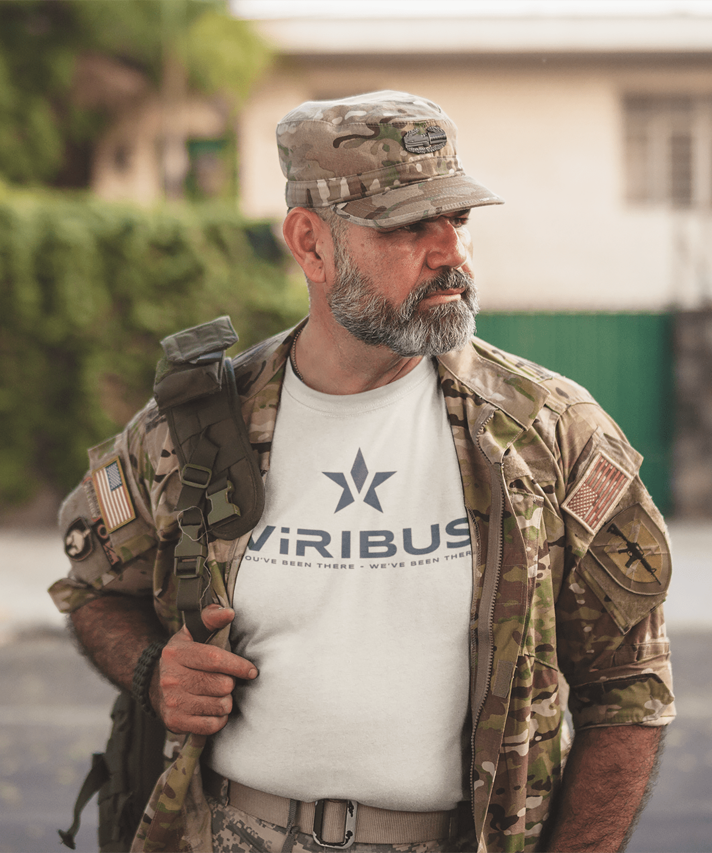 soldier wearing viribus shirt