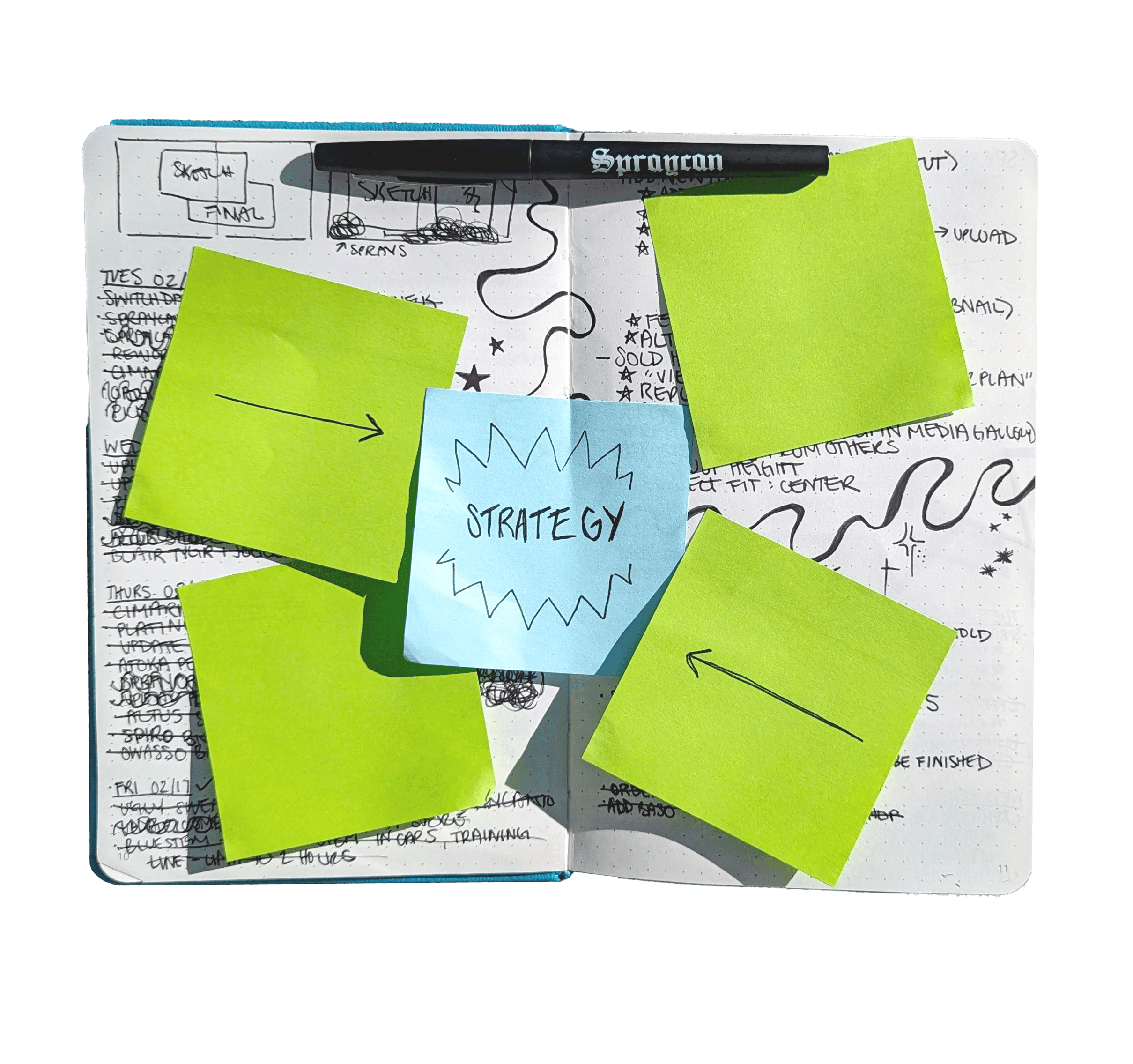 A sketchbook laid open flat with various notes written on it, covered in post-it notes, one of which is in the center and reads "strategy." There is a Spraycan branded pen resting at the top of the open pages.