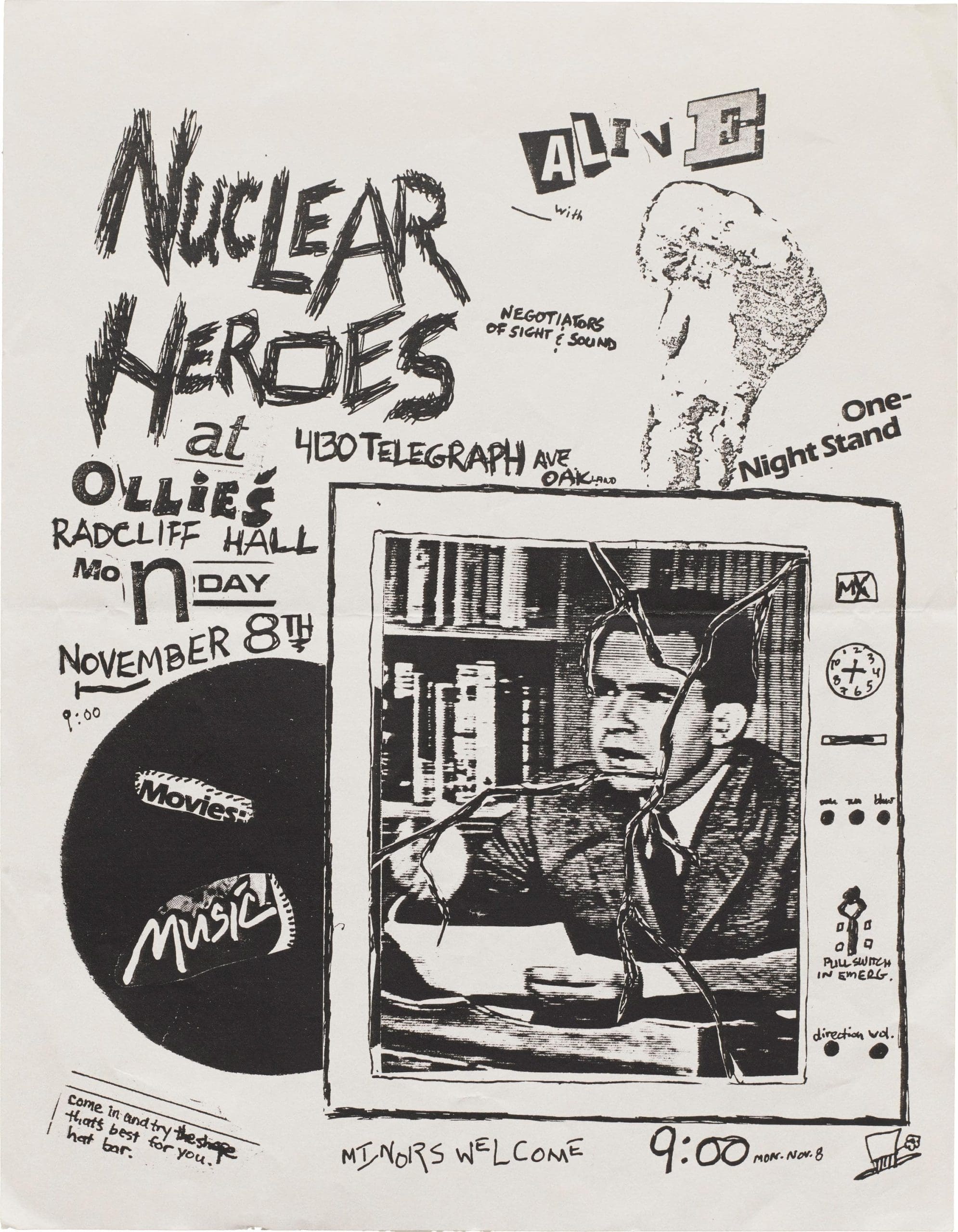 Flyer on plain white paper featuring handwritten and collaged lettering to advertise Nuclear Heroes playing at Ollie's Radcliffe Hall on November 8th in 1984. There is an image of Richard Nixon with a TV drawn around it, and cracks on top of the image.