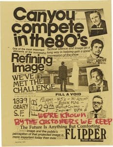 A flyer on yellow paper advertising the concert of the band Flipper with the openers 45's, No Alternative, Black Flag, Belfast Cowboys, and Impacent Youth. The rest of the flyer is a collage of different words cut out from other sources. Images of the band members are depicted on the right side.