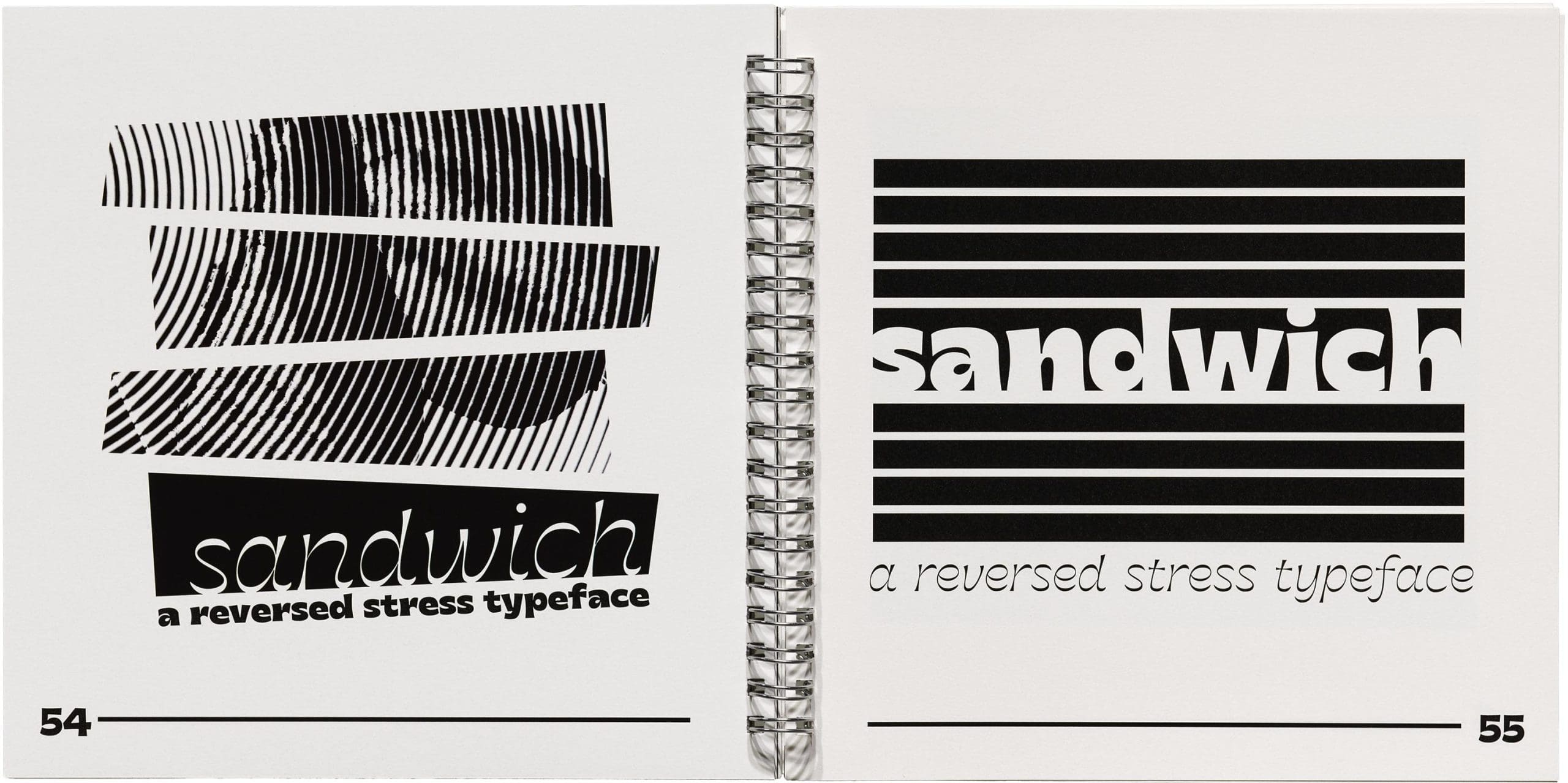 Book spread featuring trapezoid shapes on the left, with "Sandwich" and "A reversed stress typeface" written. On the right side, the same is written within a rectangle of stripes. Both feature different weights of the typeface.