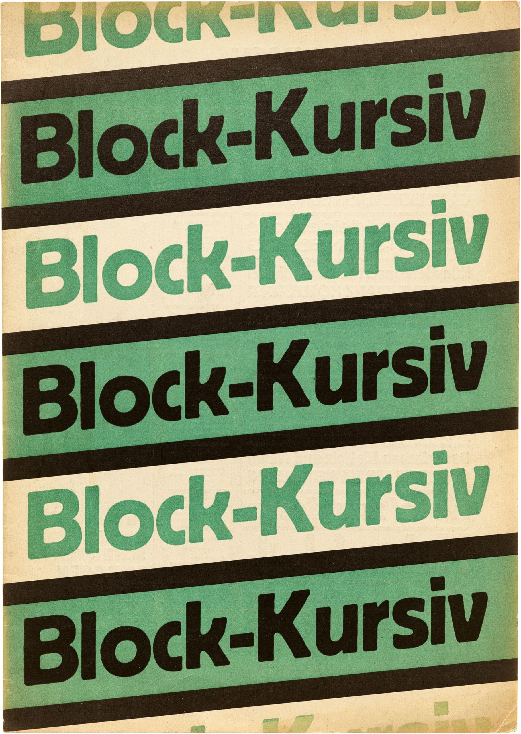 Repeating green, black, and white stripes with "Block-Kursiv" written in each green and white stripe.