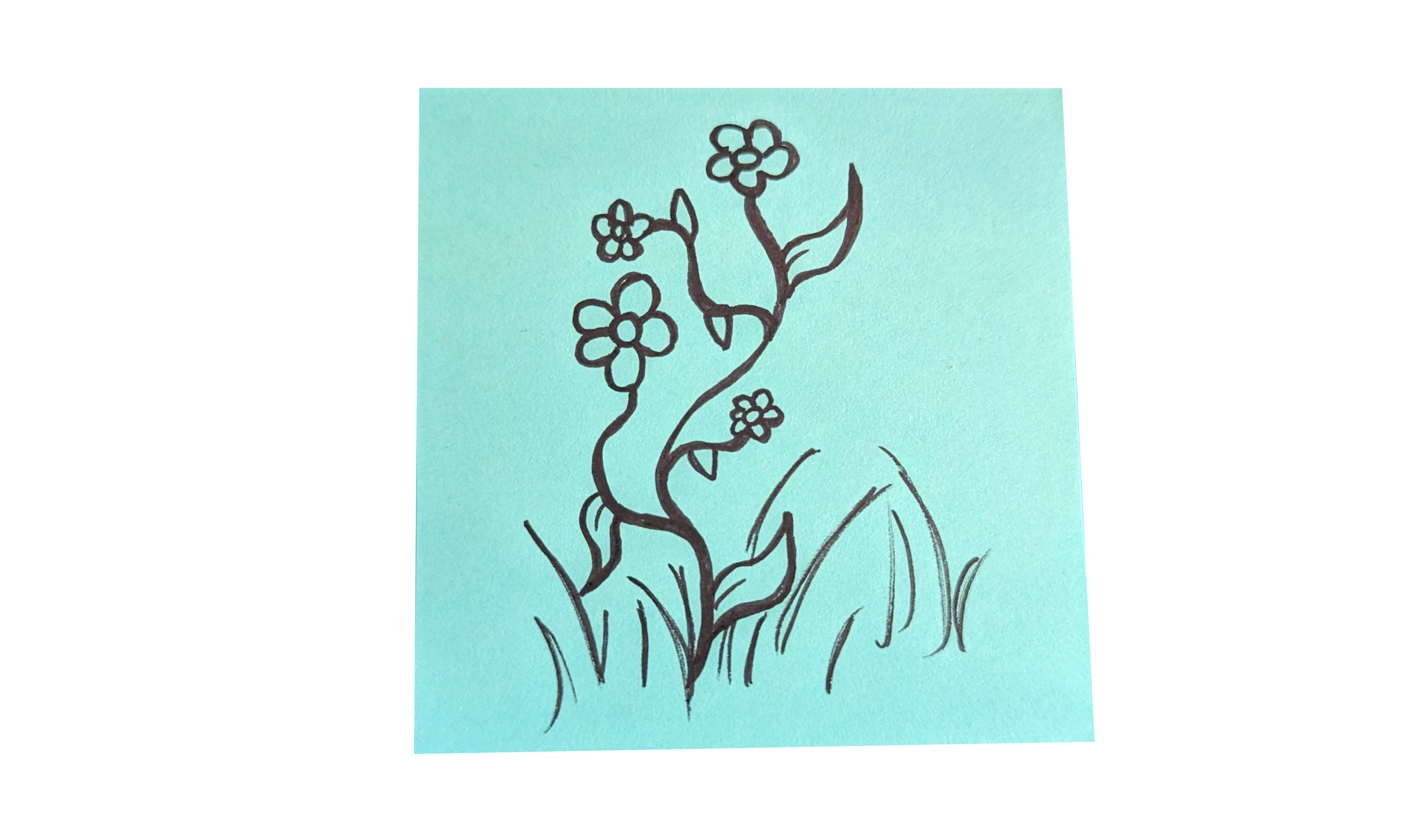 Blue post it note with doodle of flowers growing