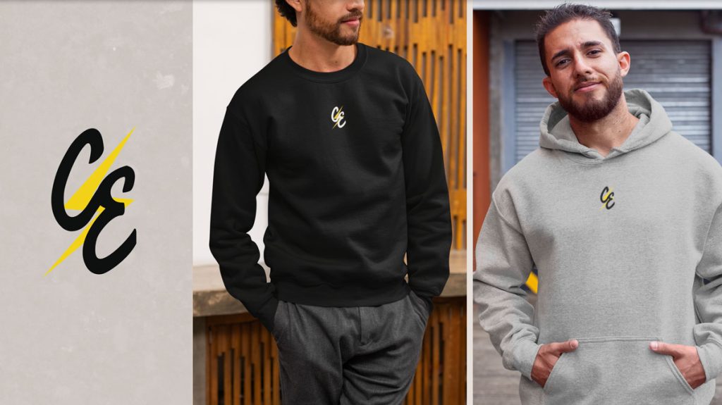 Apparel design for Cimarron Electric. "CE" with a lightning bolt design, with mockup of a long-sleeve tee and a hoodie.